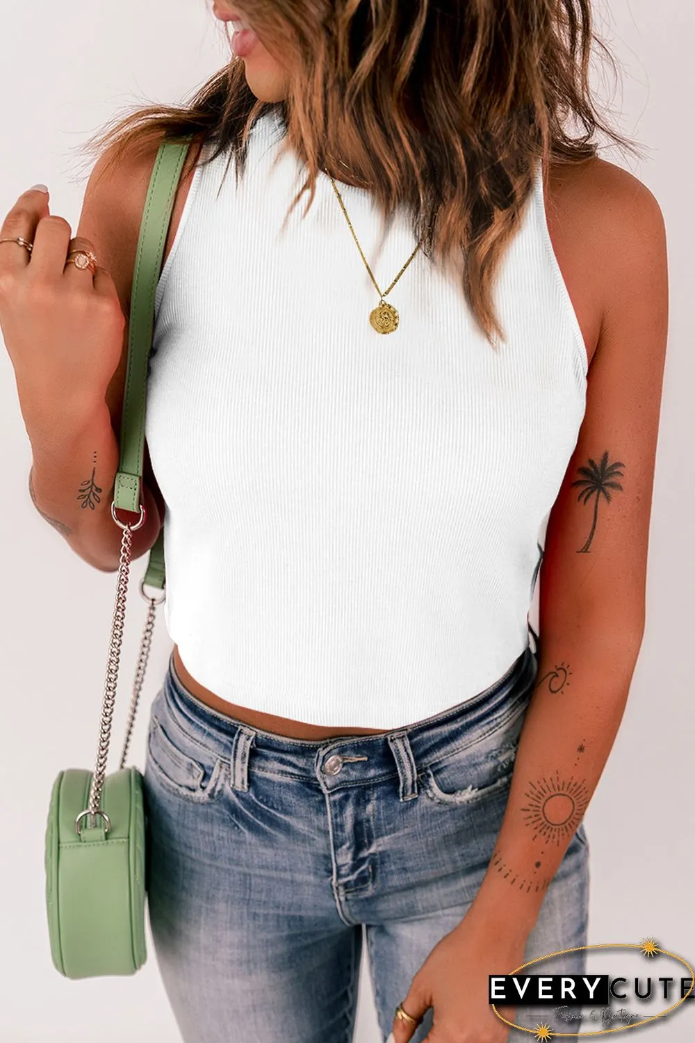 White Rib Knit Crew Neck Sleeveless Crop Top