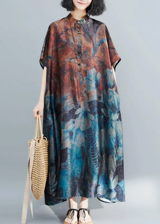 Italian khaki print Tunic stand collar long summer Dresses