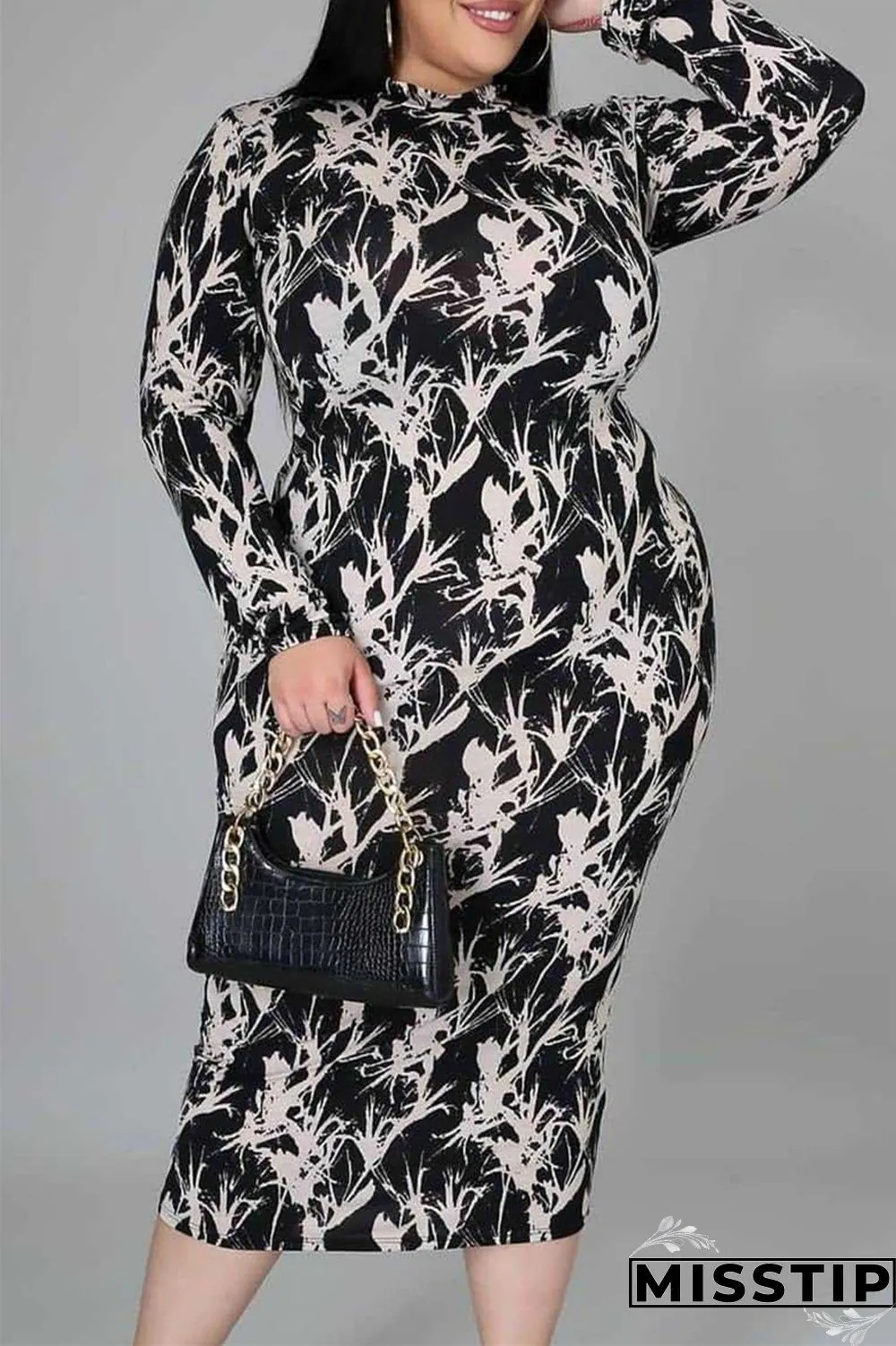 Multicolor Fashion Casual Print Basic O Neck Long Sleeve Plus Size Dresses