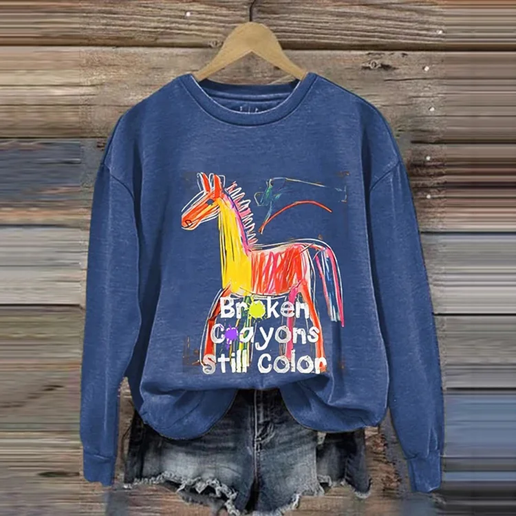 Casual Broken Crayons Still Color Printed Long Sleeve Sweatshirt