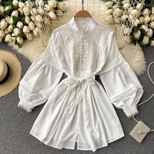 Fitaylor Spring New Women Vintage Elegant Beading White Dress Ladies Mandarin Collar Lantern Sleeve A-line Slim Solid Dresses