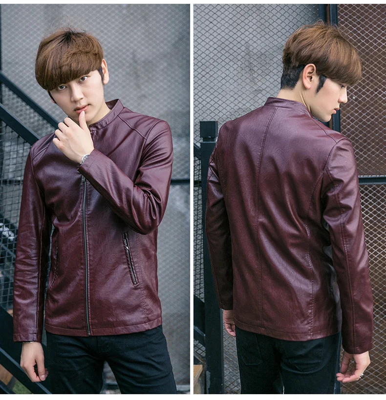 Faux Leather Black Jackets Coat Men Slim Fit Mens Windbreaker Jackets Zipper Pocket Stand Collar British Vintage Outerwear