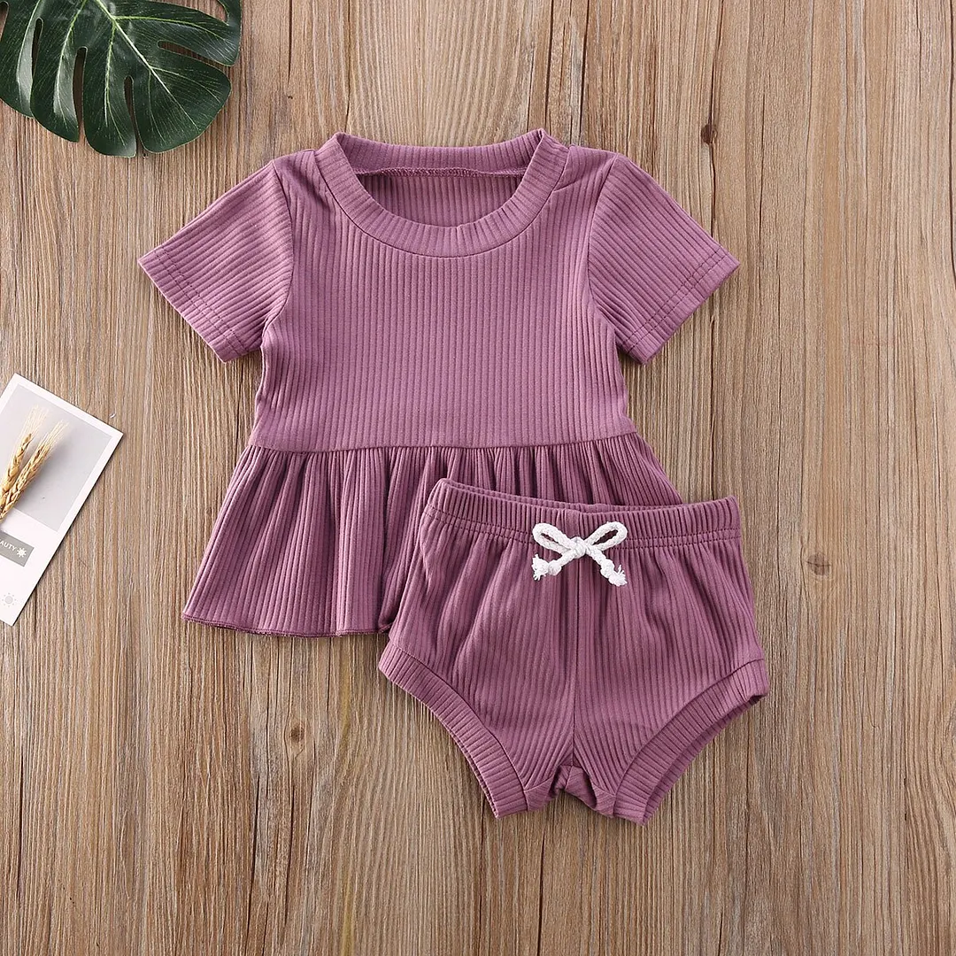 2020 Baby Summer Clothing Infant Newborn Baby Girls 2Pcs Set Ribbed Outfits Short Sleeve Shirt Dress Tops Shorts Bottoms Outfit