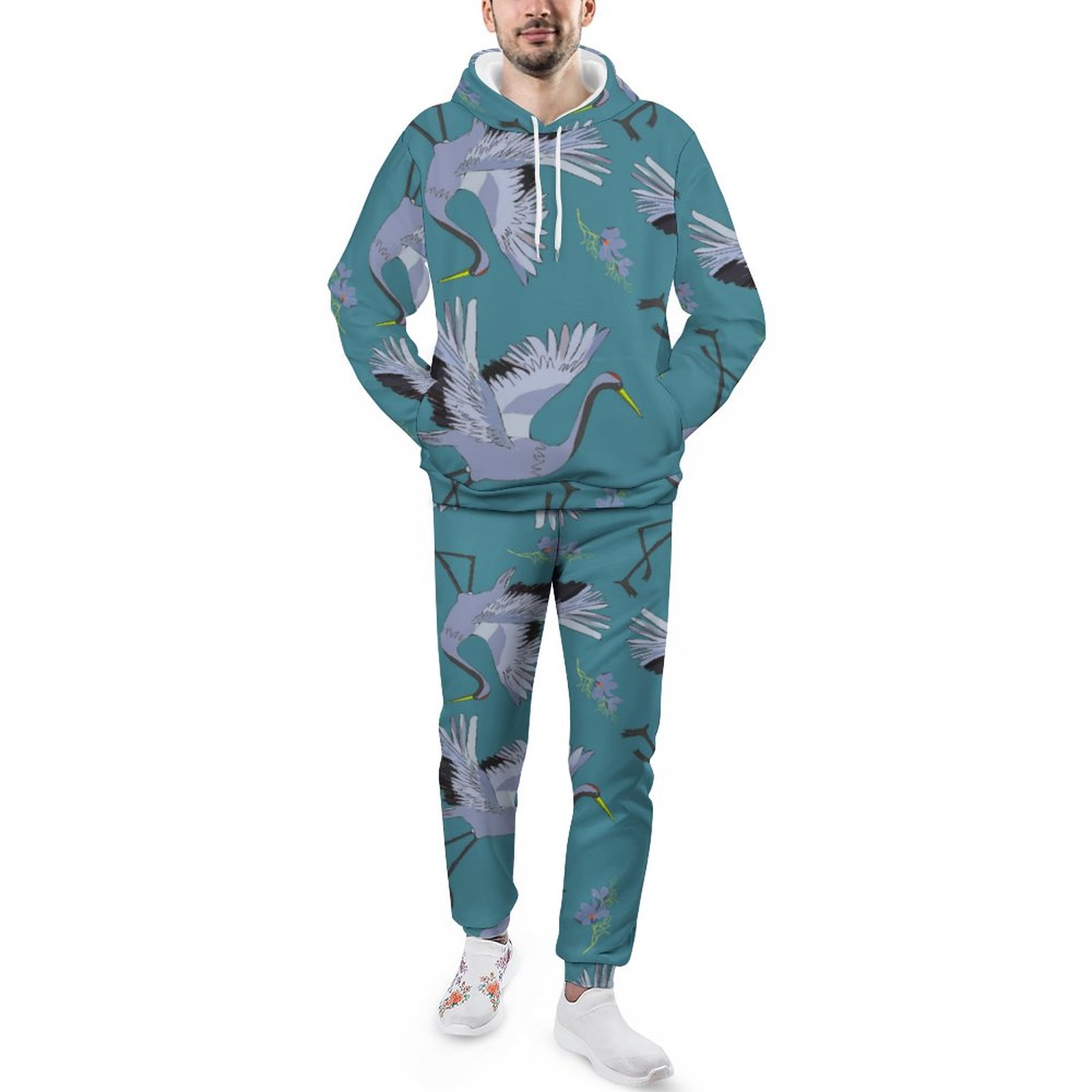 Turquoise White Gray Crane With Flower Men's Tracksuit 2 Piece Hoodie Sweatsuit Sets Casual Jogging Athletic Suits