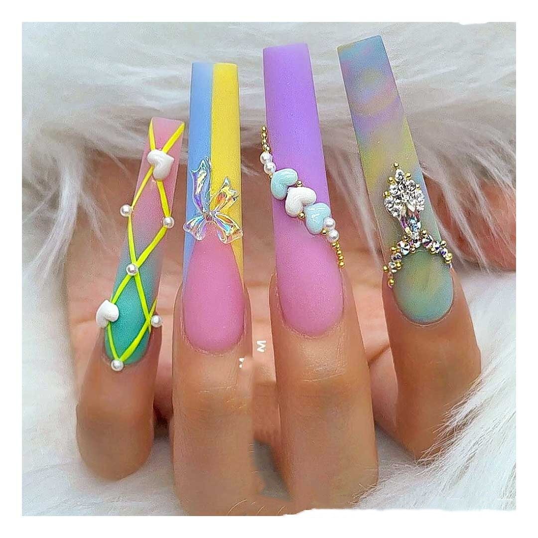 Agreedl Pure Hand-Make Wears Long Nail Tip Rainbow,Cherry,Flame Designs Fake False Tips Press On Stick Nails(Customized By Picture)
