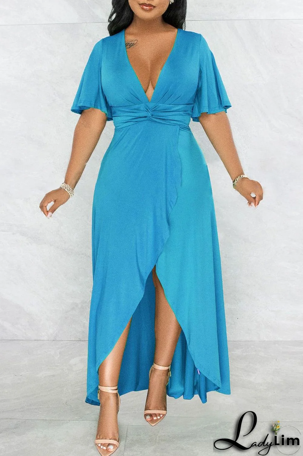 Blue Casual Solid Split Joint Asymmetrical V Neck Straight Dresses