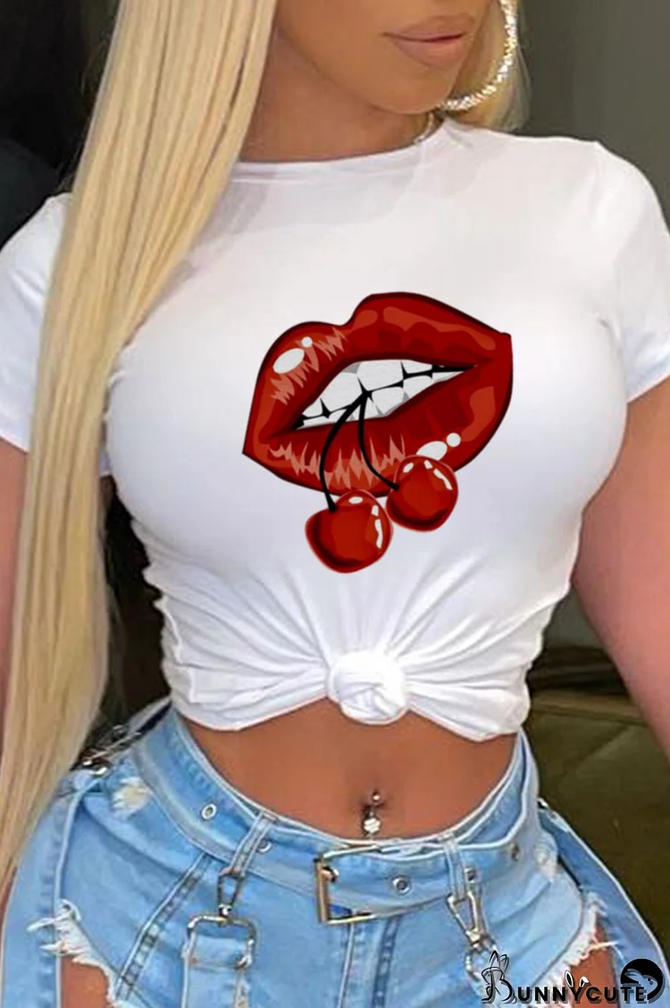 White Fashion Street Lips Printed Split Joint O Neck T-Shirts