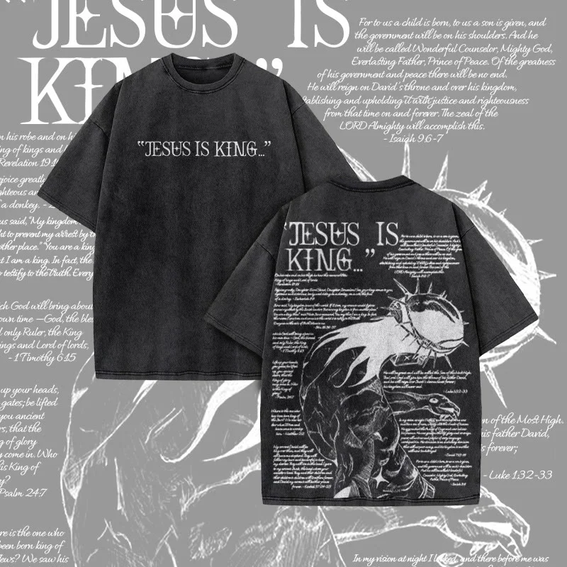 Unisex Jesus Is King Craetive Print Acid Washed T-shirt