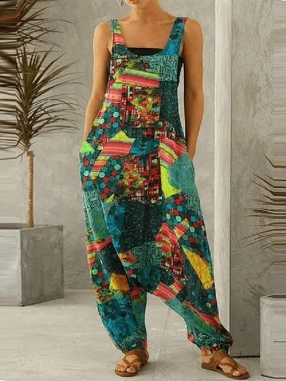 Women's retro printed loose plus size overalls