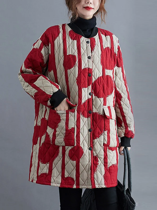 Artistic Retro Loose Polka-Dot Buttoned Round-Neck Long Sleeves Quilted Coat