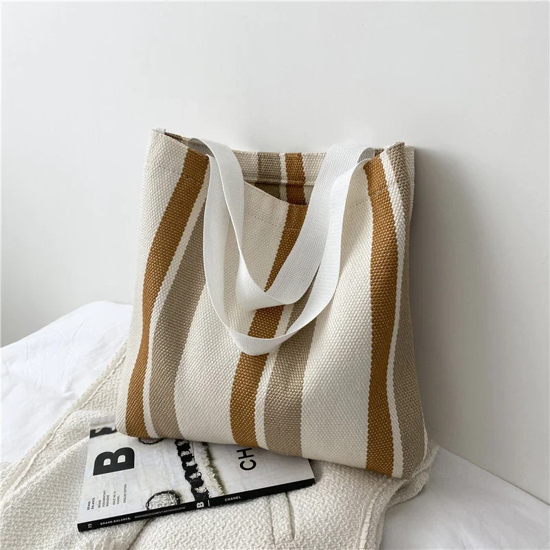 Woherb Simple Retro Handbag Small Fresh Striped Canvas Bags for Women 2021 Casual Literature and Art Large-capacity Shoulder Bag Female