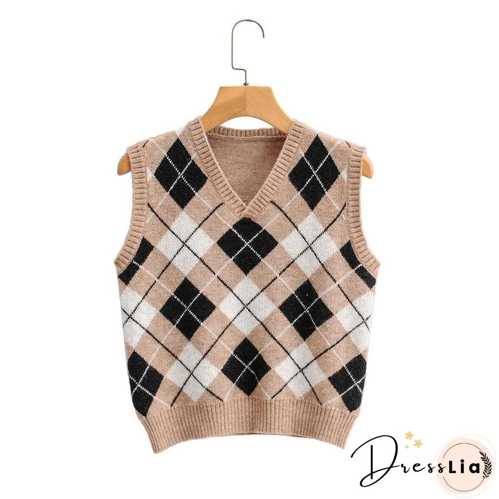 Checkered Cropped Knitted Tank Argyle Sleeveless Jumper