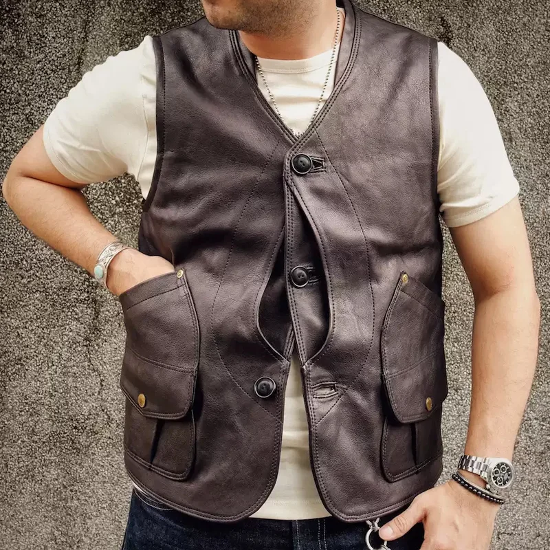 Vintage Multi-Pocket Safari Leather Vest
