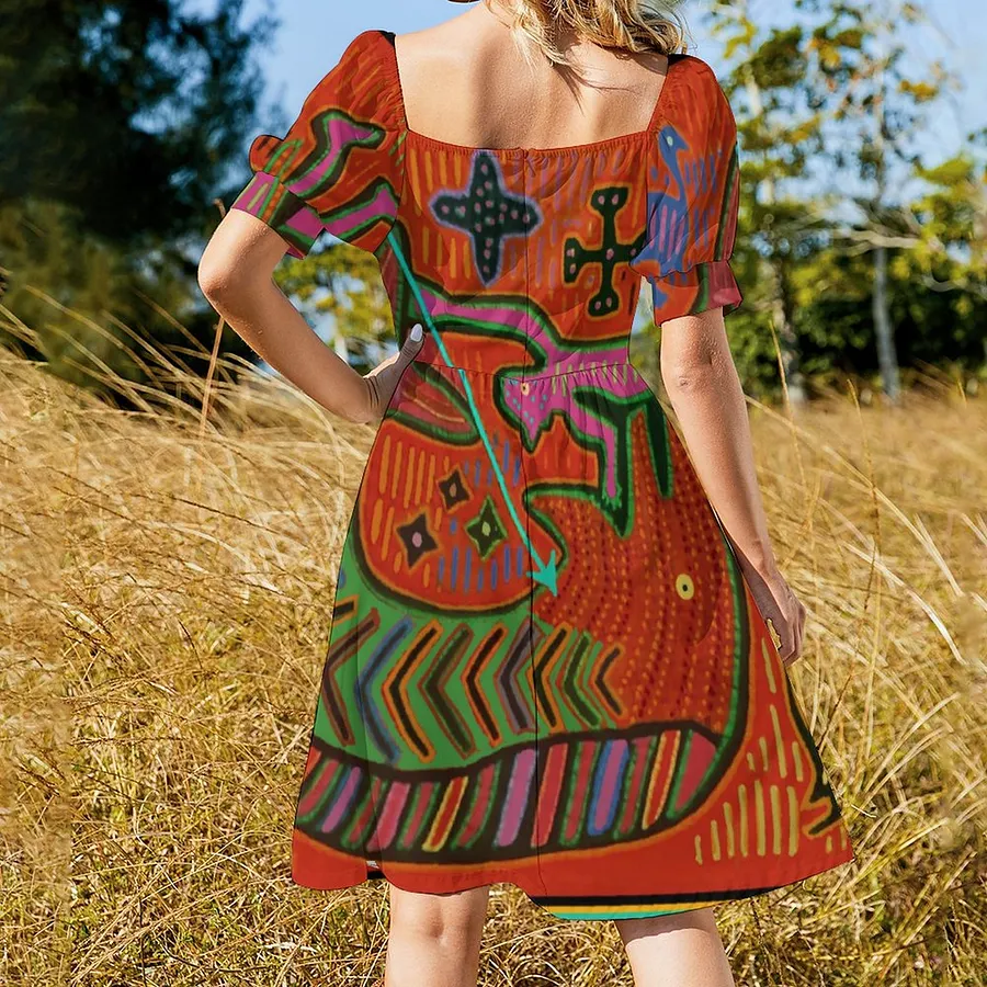 indian style midi dresses SFNEEWHO Kuna Indian Mola Dress Women Boho High Waist Flared Puff Sleeve  Cute Sweetheart Midi Dress