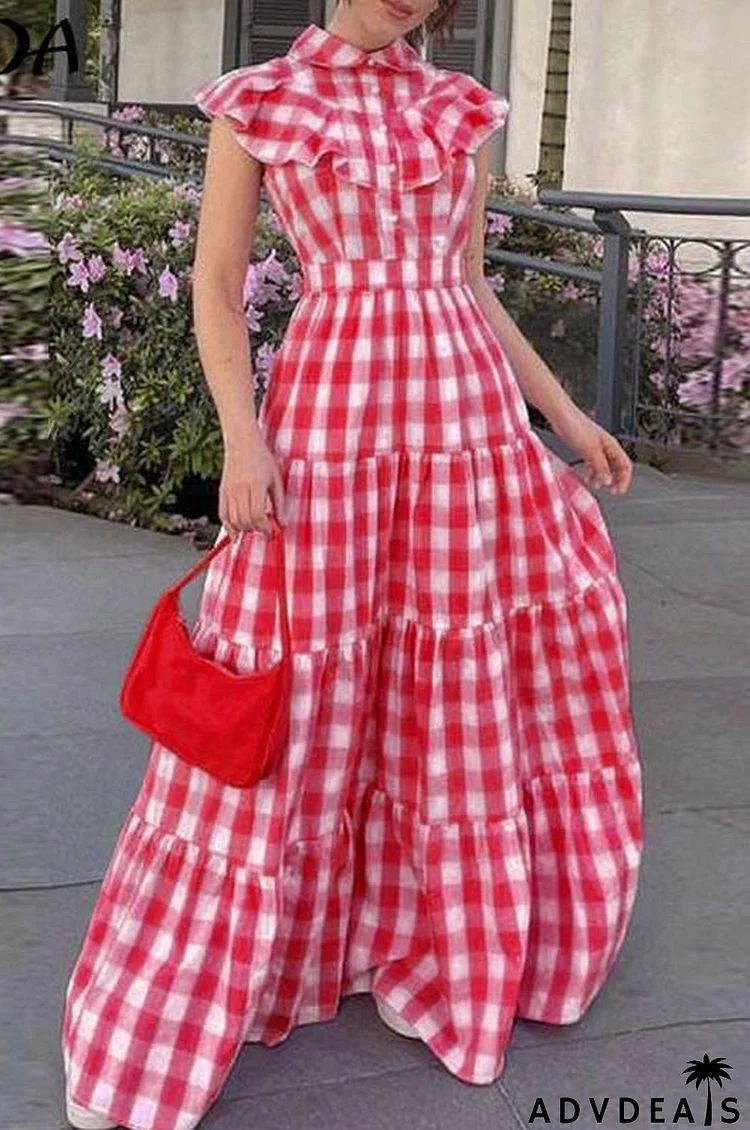 Casual Plaid Short Sleeve Ruffled Maxi Dress