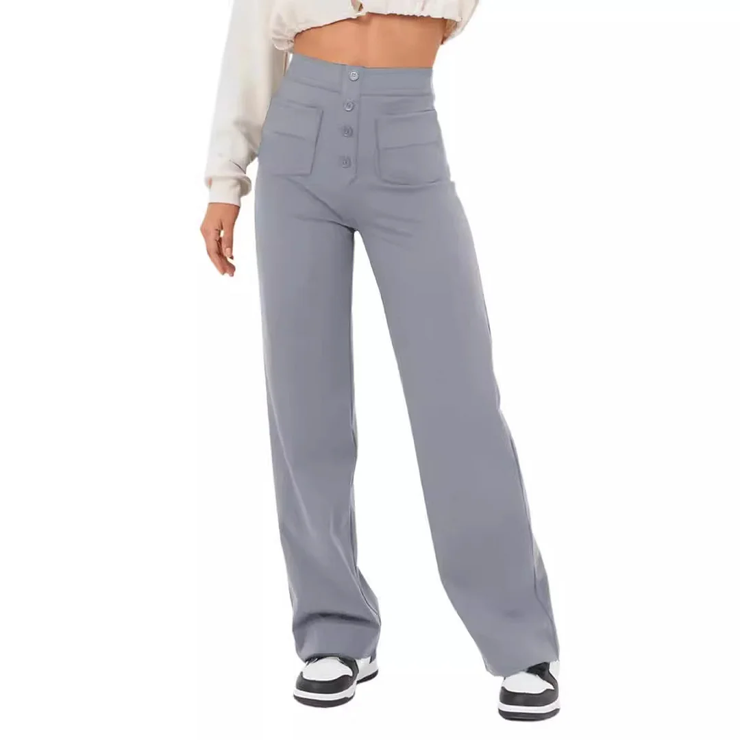 Wongn Wongn Fashion New Women's Casual Straight Pants High Waist Button Elastic Belt With Multiple Pockets