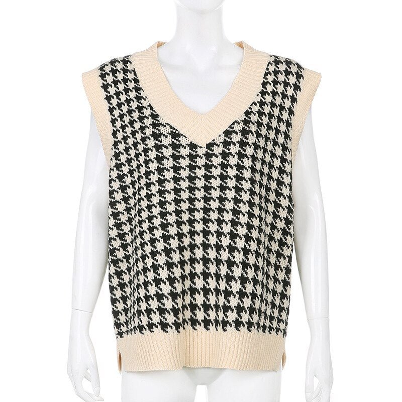 WannaThis V-neck Sweaters Women Sleeveless Print Casual Y2K Loose England Style Patchwork Knit Autumn Winter Tank Tops Fashion