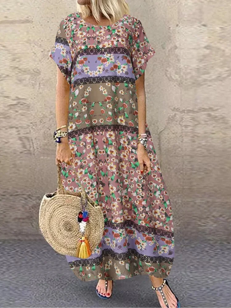 Plus Size Boho Maxi Dress Floral Print Crew Neck Short Sleeve Lantern Dress