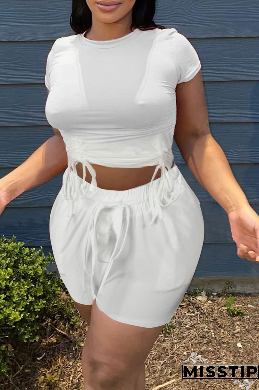 Black Fashion Solid Draw String O Neck Short Sleeve Two Pieces