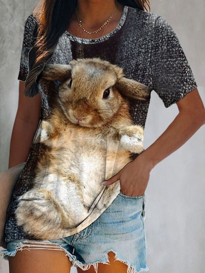 Women's Cute Rabbit Print Round Neck Short Sleeve T-Shirt