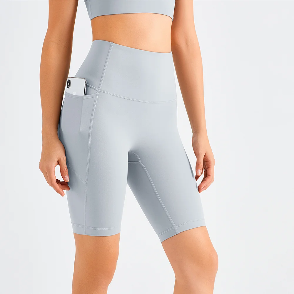 Hergymclothing rhino gray no camel toe tummy control workout yoga leggings shorts with pockets for sale