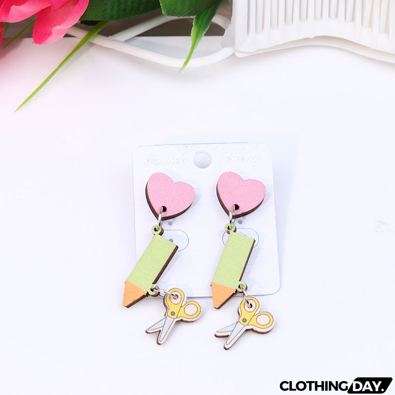 Women's Creative Fashion Wood Printing Pencil Stripe Heart Earrings