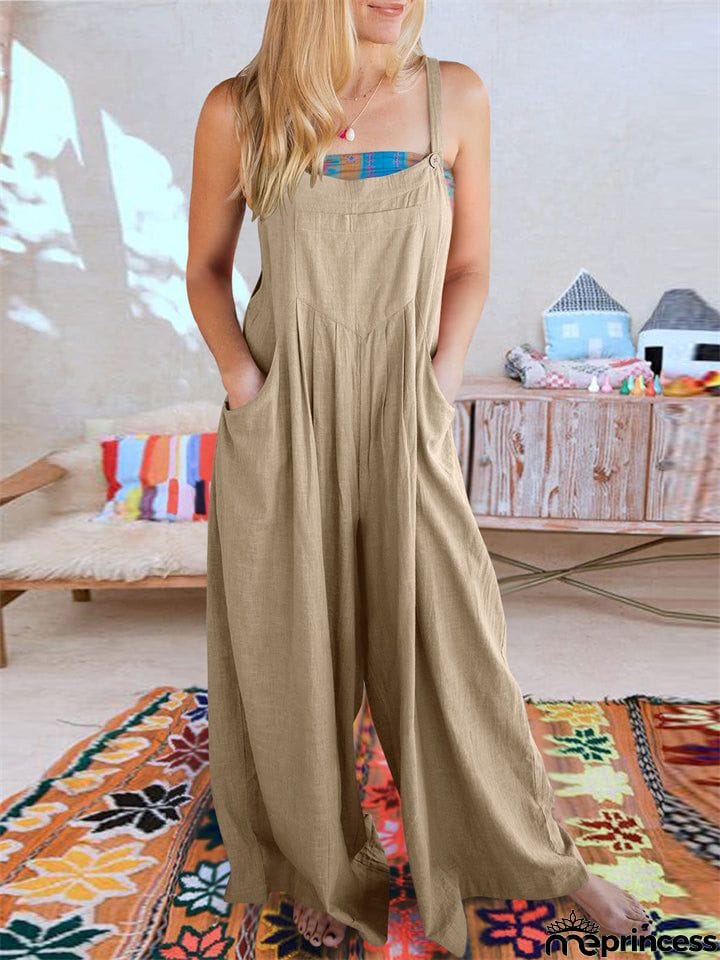 Summer Female Plus Size Solid Color Suspender Jumpsuits with Pockets
