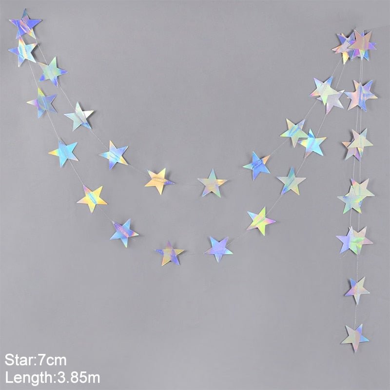 Laser Silver Paper Star Garland Banner Happy Birthday Party Decoration Girl Boy Baby Shower Wedding Christmas Wall Hanging Decor