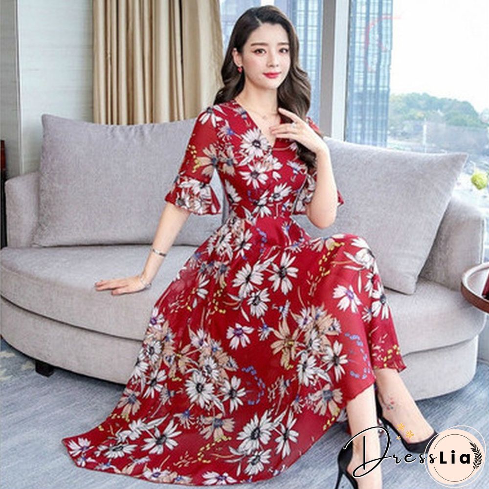 Fashion Floral Print Slim A-Line Dress Elegant Ladies Long Dress Women V-Neck Short Sleeve Chiffon Party Dresses
