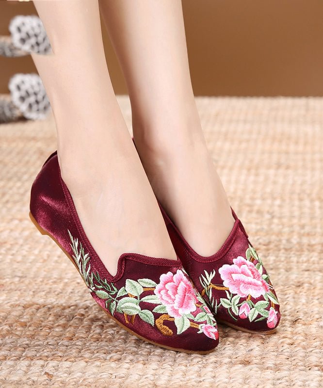 Purple Red Flats Velour Fabric Unique Embroideried Pointed Toe Flat Shoes