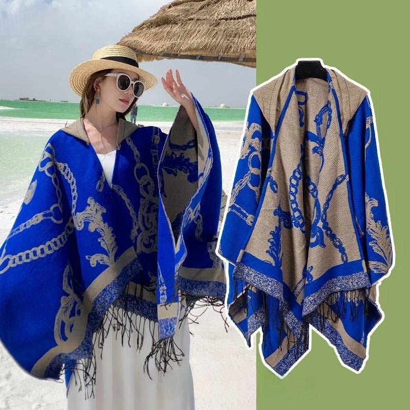 Ethnic Style Hooded Cape Women’s Yunnan Tibet Western Sichuan Grassland Bohemia Travel Wear Scarf Coat