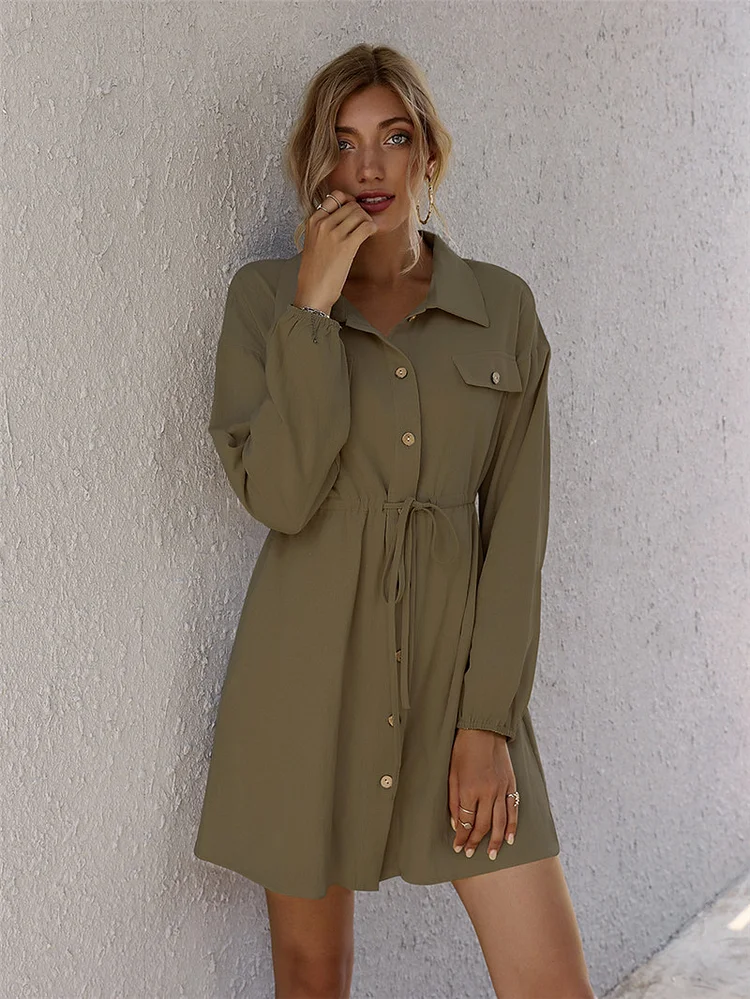 Women's Fashion Pocket Breasted Belt Long Sleeve High Waist Casual Dress
