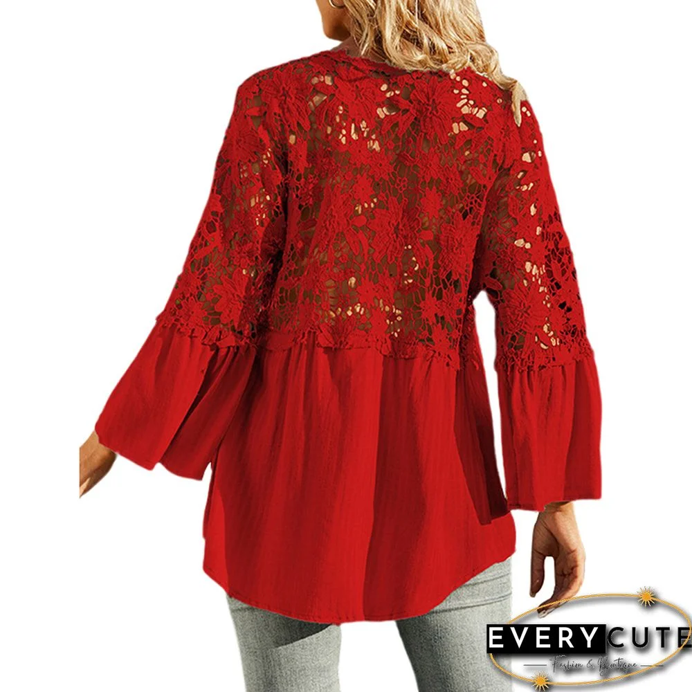 Red Lace Crochet V Neck Long Sleeve Blouse