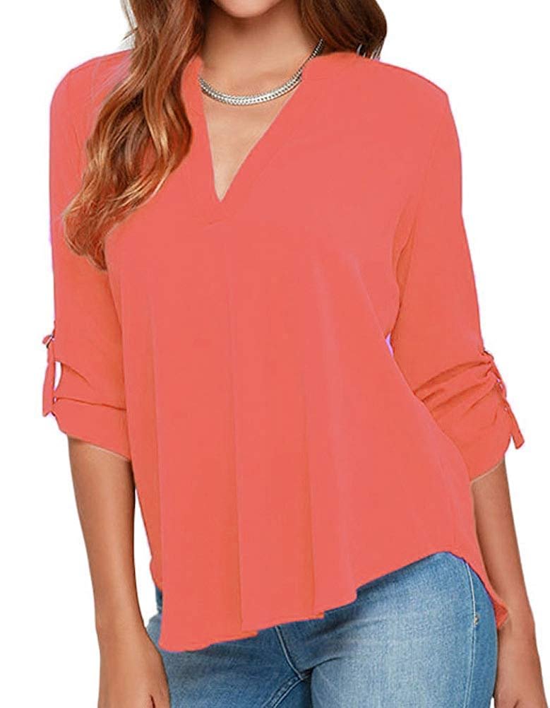 New Stylish Women's Casual V Neck Cuffed Sleeves Solid Chiffon Blouse Top
