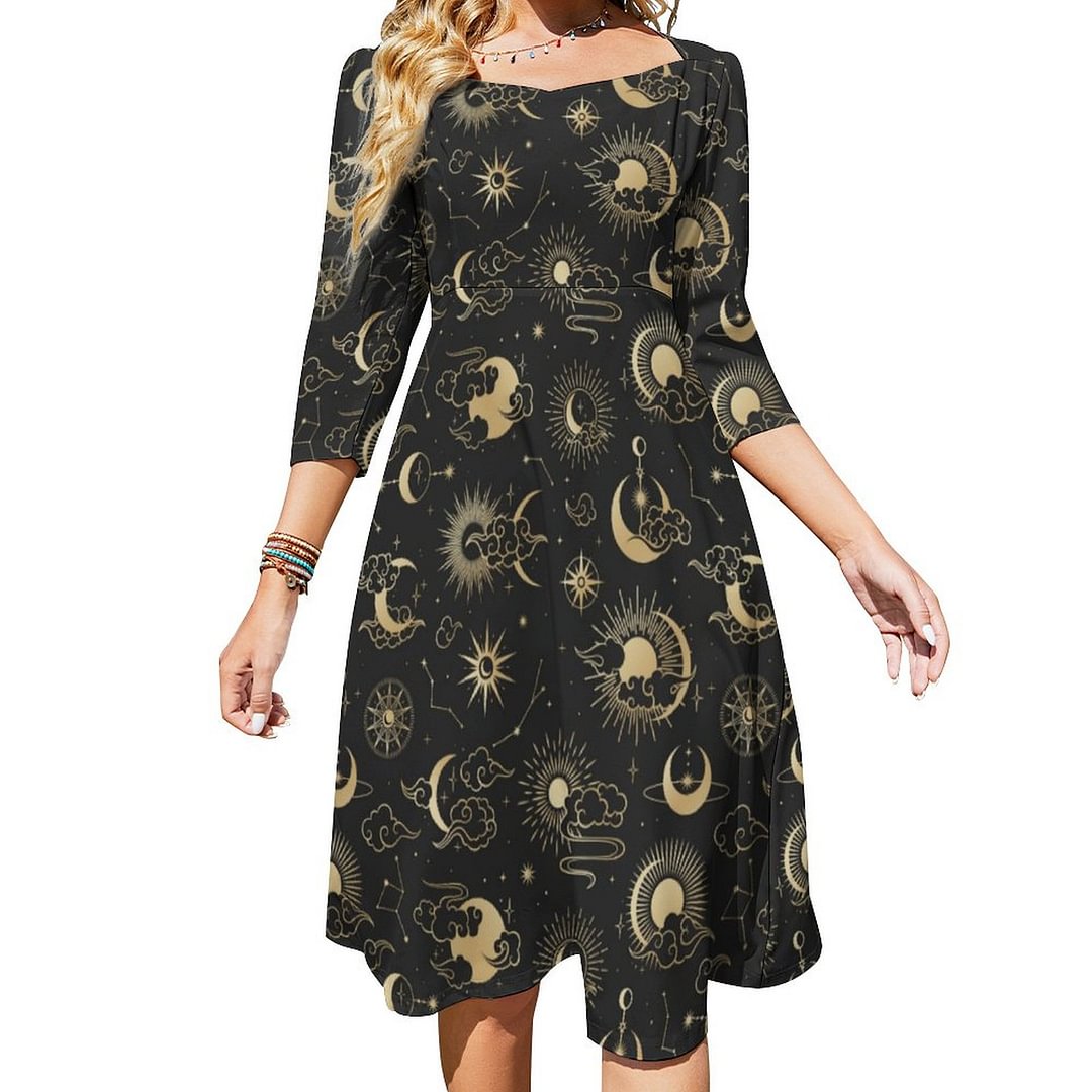 Black And Gold Moon Star Sun Astrology Art Dress Sweetheart Tie Back Flared 3/4 Sleeve Midi Dresses