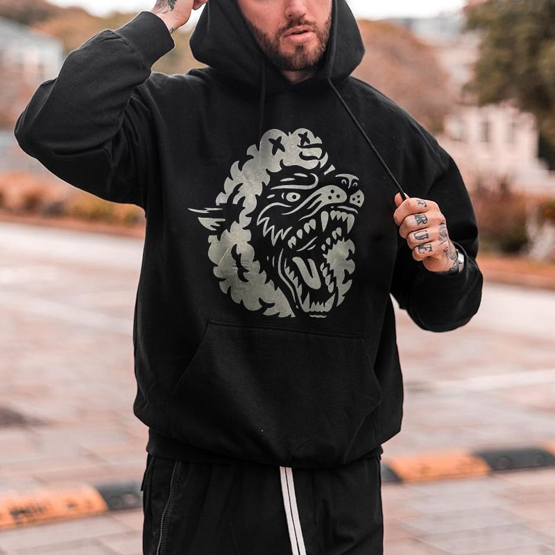 UPRANDY Ferocious Wolf Printed Casual Men's Loose Hoodie -  UPRANDY