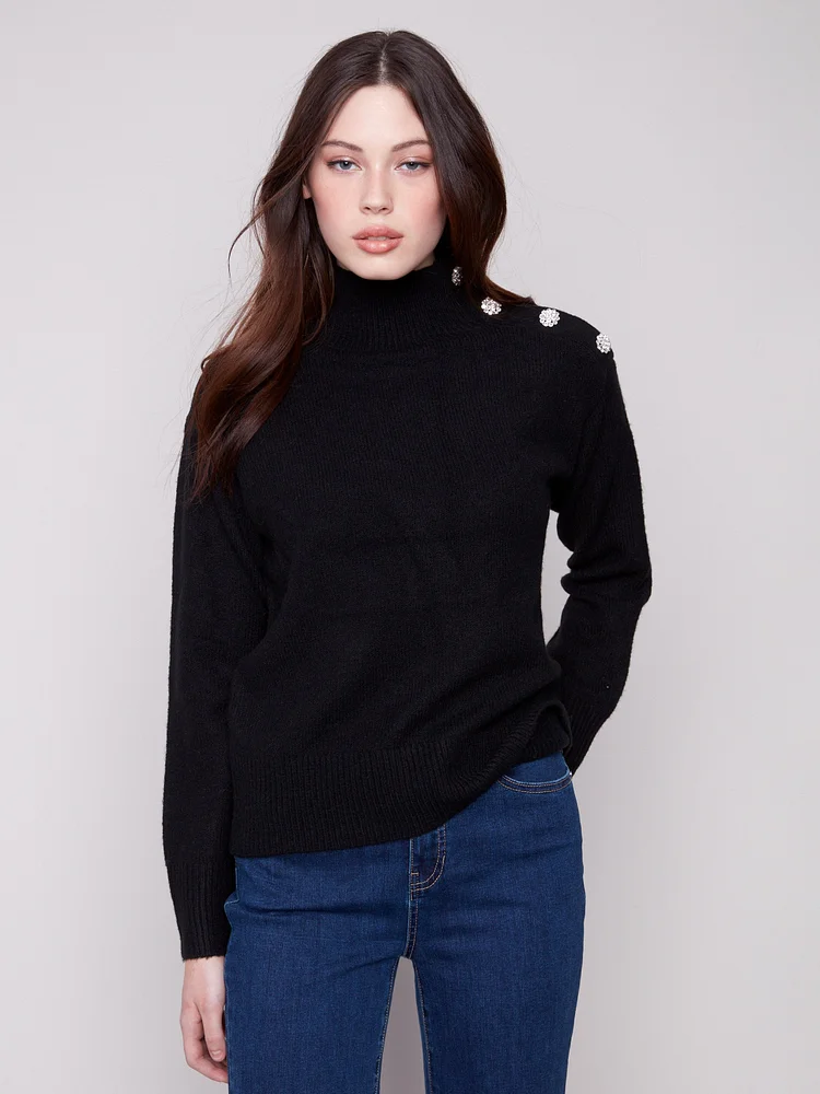 Mock Neck Sweater With Fancy Buttons - Black