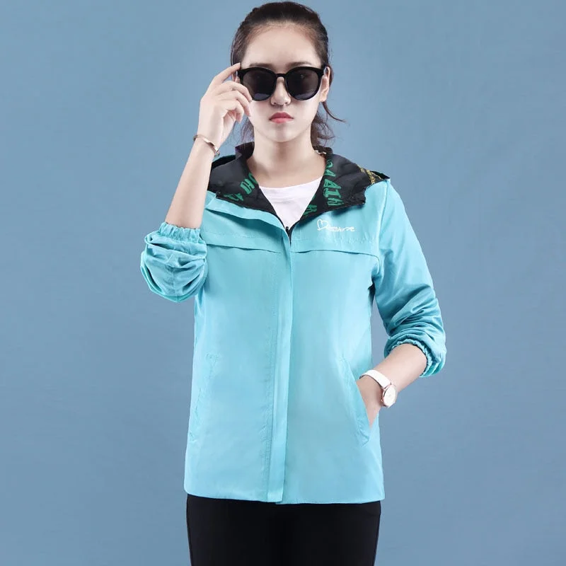 NEEDBO Women Hooded Jackets Two Side Wear Print Outwear Coat Female Windbreaker Tops Pocket Zipper Jackets Causal Windbreaker