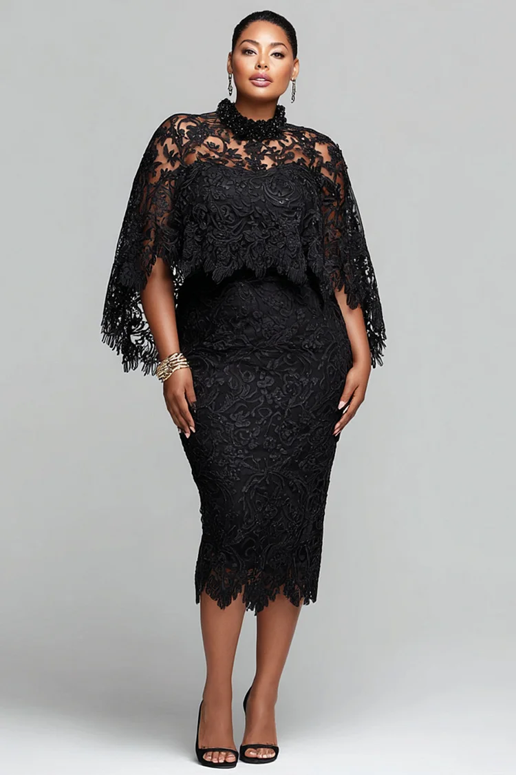 Xpluswear Design Plus Size Cocktail Party Black Mock Neck Cape Sleeve 3/4 Sleeve Bodycon Elegant Cut Out Lace Midi Dresses 2024 - Xpluswear