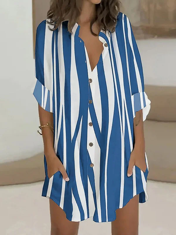 Striped Buttoned Loose Long Sleeves Lapel Shirt Dress Mini Dresses