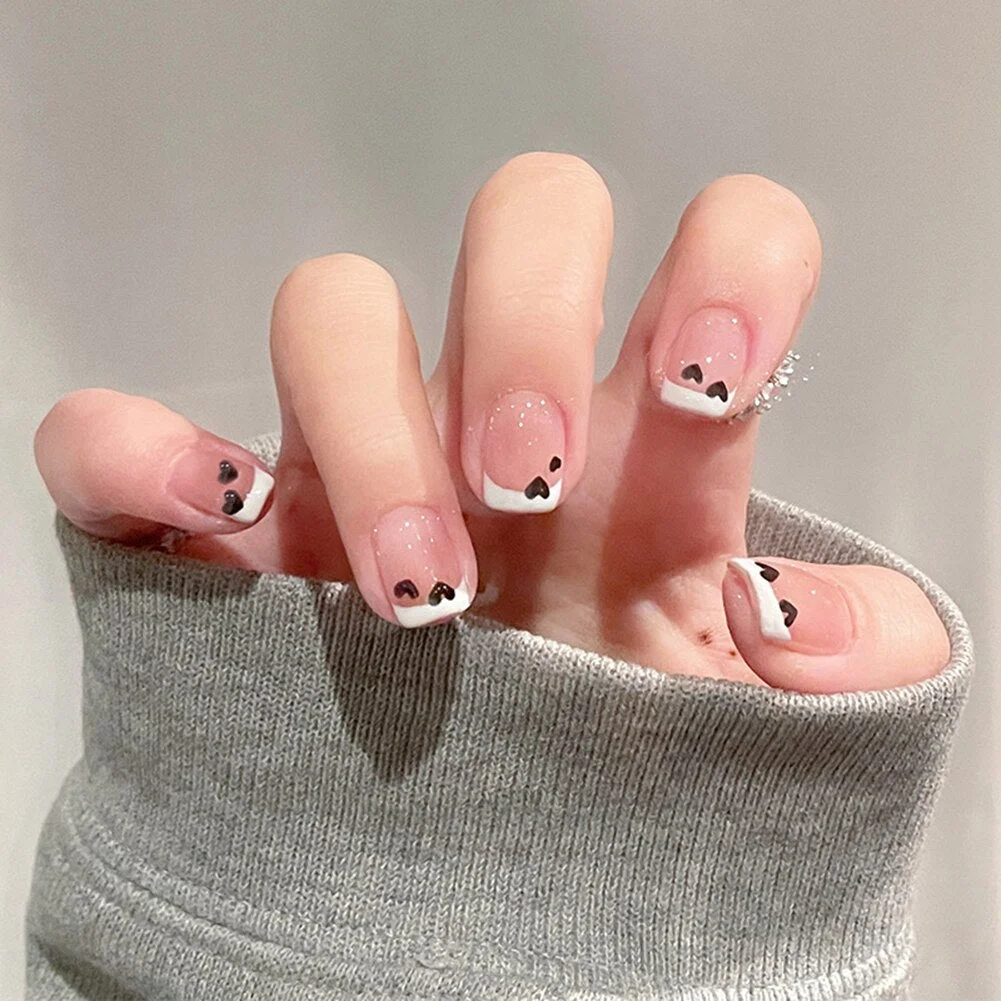 Simple Pink press on Nails Medium Round Full Cover Detachable nail tips for girls Manicure acrylic French fake nails with glue-Nail Inspo