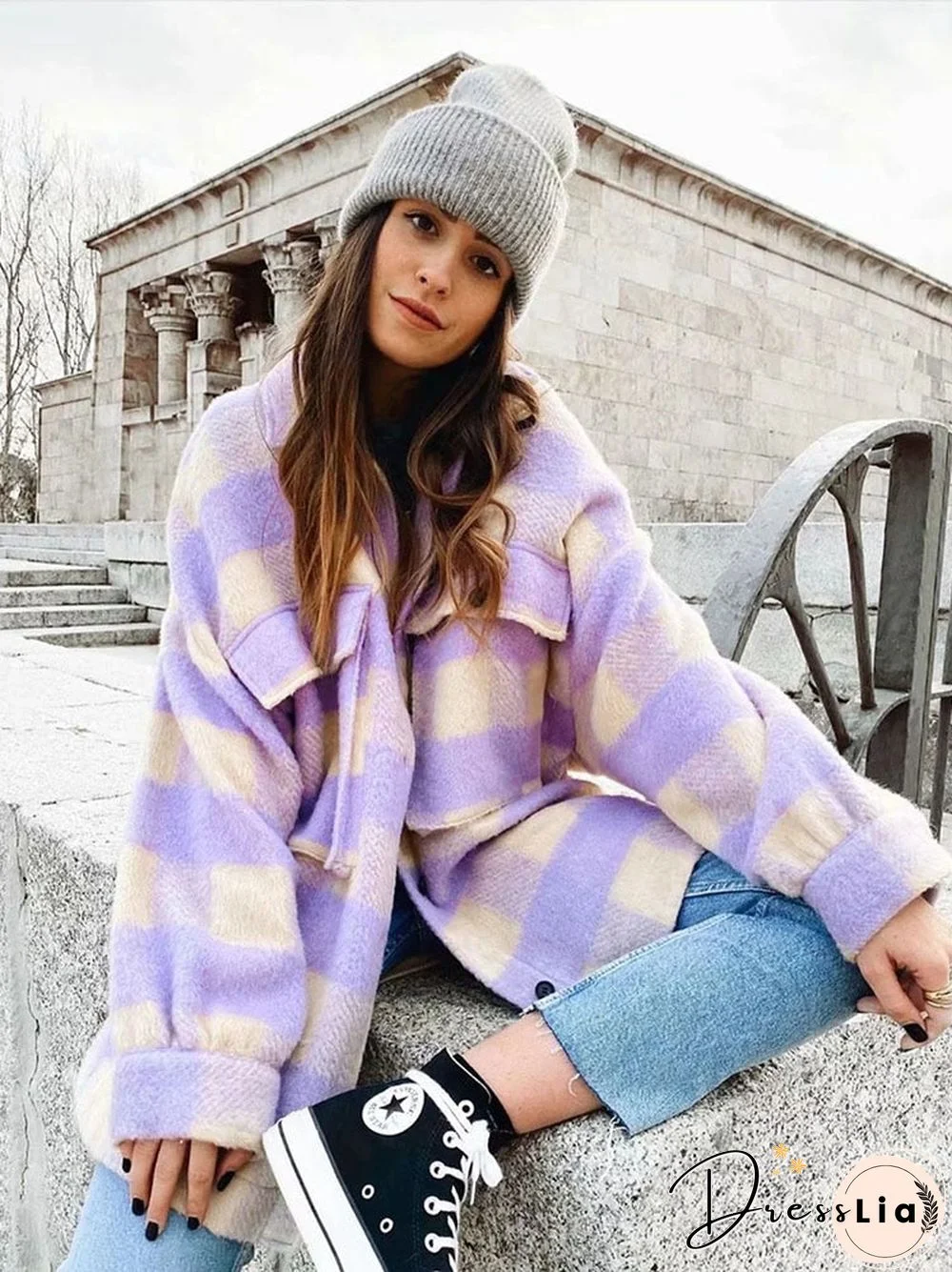 Stylish Sweet Plaid Woolen Shirt Jackets Women Fashion Pockets Turn-Down Collar Check Jacket Cute Girls Chic Coat Streetwear