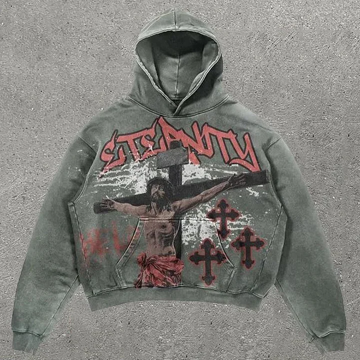 Jesus Cross Print Long Sleeve Washed Hoodie