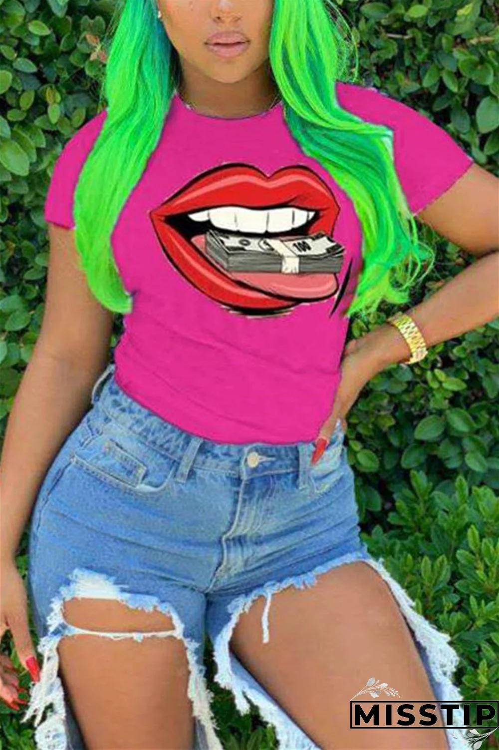 Rose Red Fashion Casual Lips Print Short Sleeve T-shirt