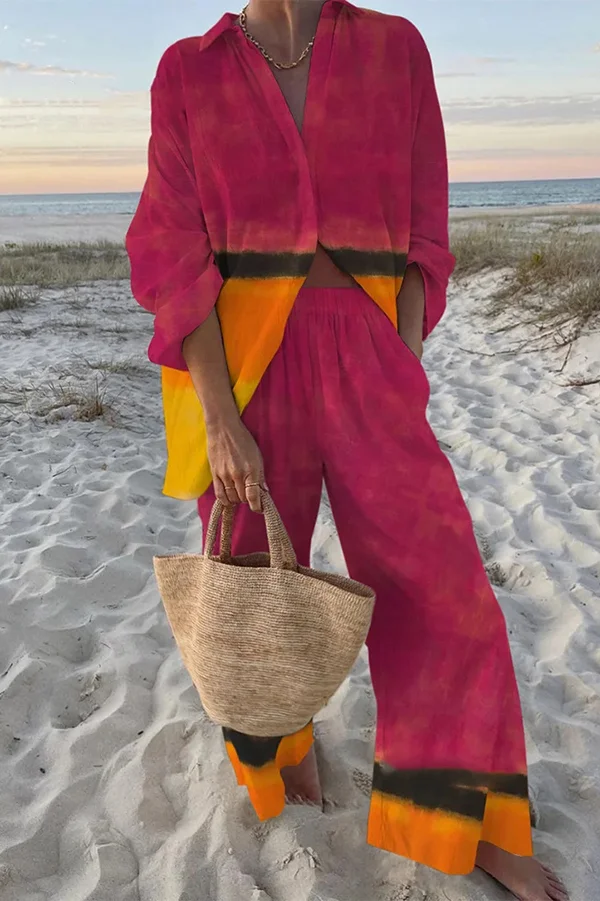 Sunset Ombre Print Oversized Shirt and Elastic Waist Pocket Pants Set