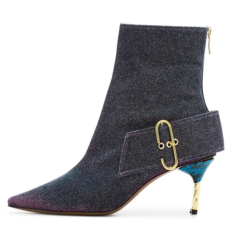 Black Buckle Style Multicolor Jean Stiletto Heel Ankle Booties Vdcoo