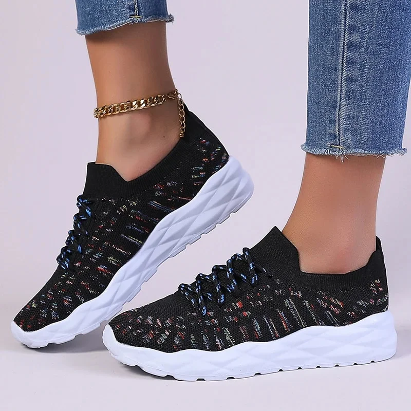 Canrulo Colorful Knitted Sneakers for Women Autumn Breathable Thick Bottom Sports Shoes Woman Slip On Walking Shoes Size 43