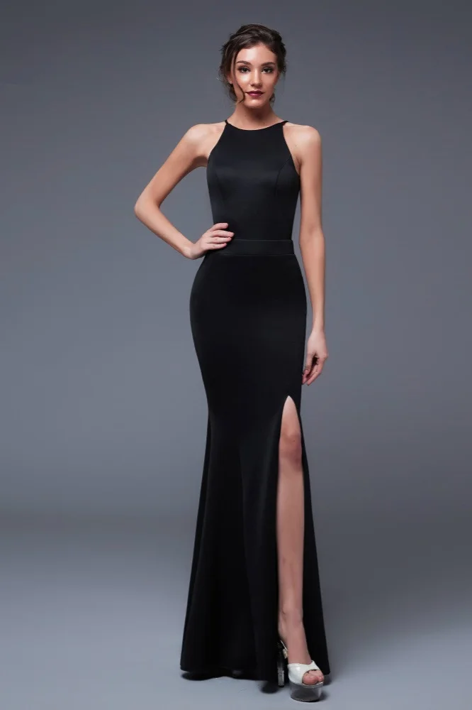 black halter sleeveless mermaid prom dress with split