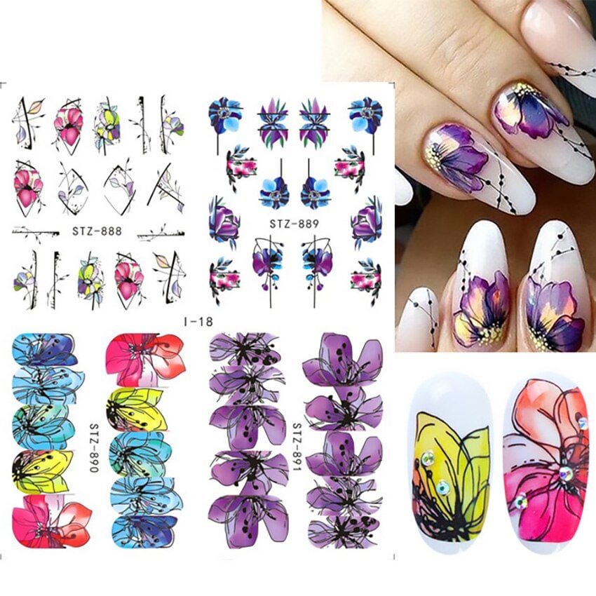 Nail Stickers Water Transfer Flowers Abstract Art Designs 4Pcs/Set Nail Decal Decoration Tips For Beauty Salons