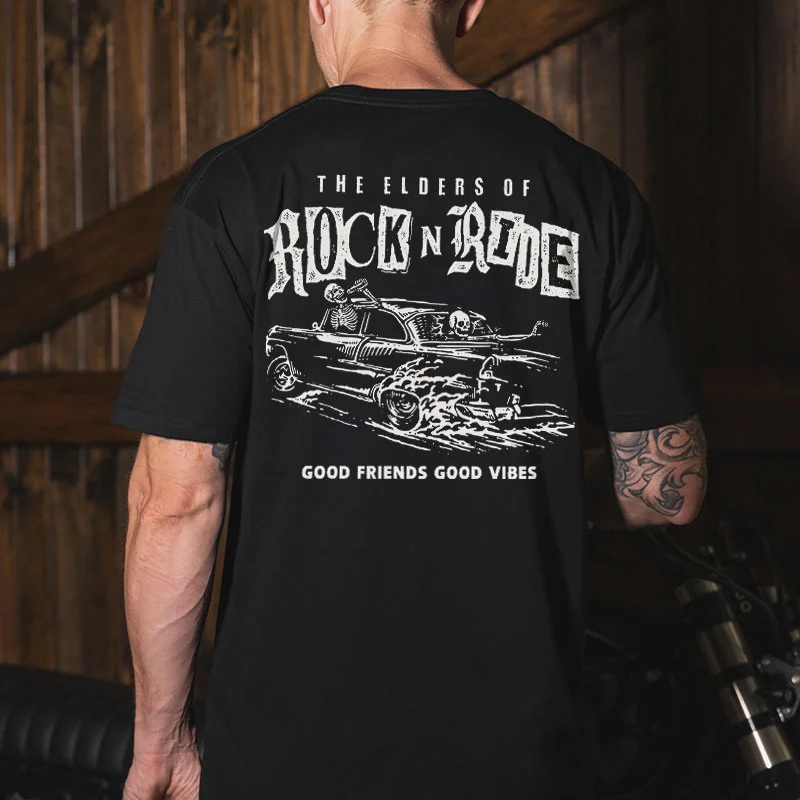 THE ELDERS OF ROCK N RIDE Skeleton&Classic Car Print Men's T-shirt